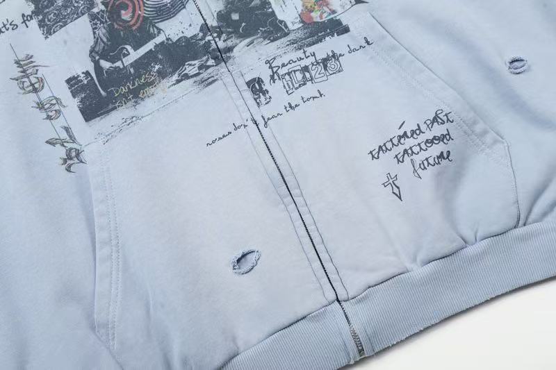 Vintage Wash Graffiti Print Zip-Up Hoodie