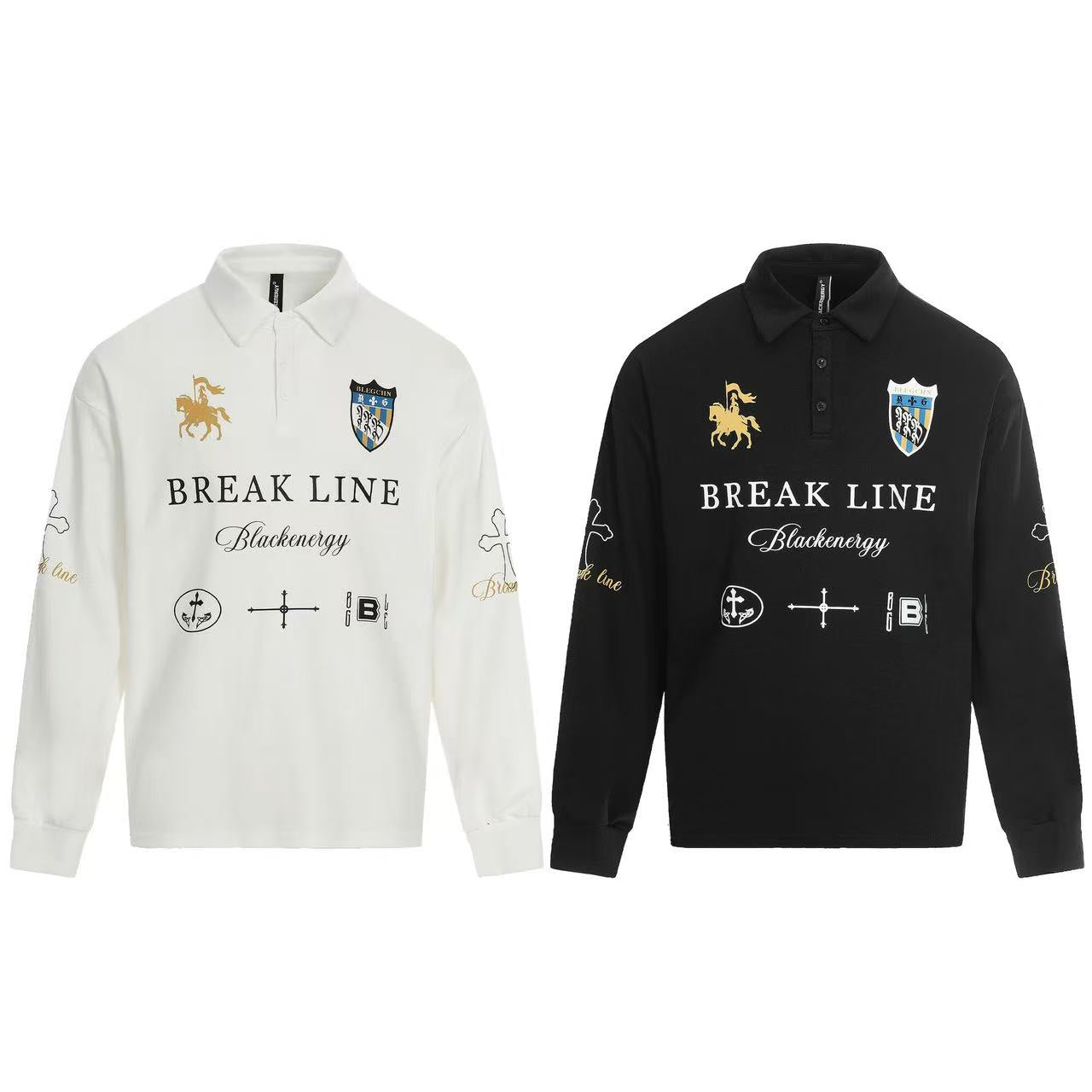 Streetwear Heraldic Crest Print Long Sleeve Polo Shirt