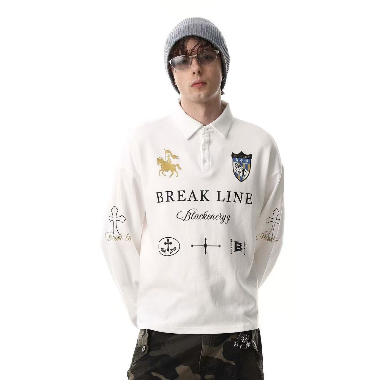 Streetwear Heraldic Crest Print Long Sleeve Polo Shirt