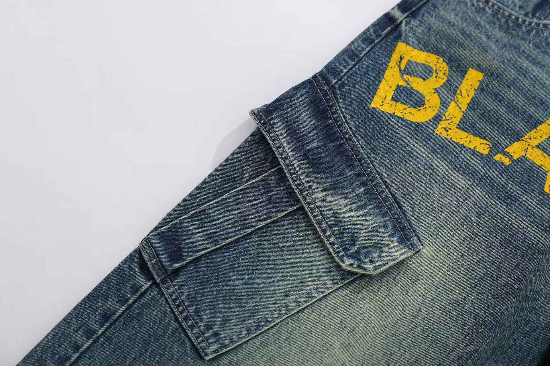 Vintage Washed Print Wide-Leg Denim Jorts