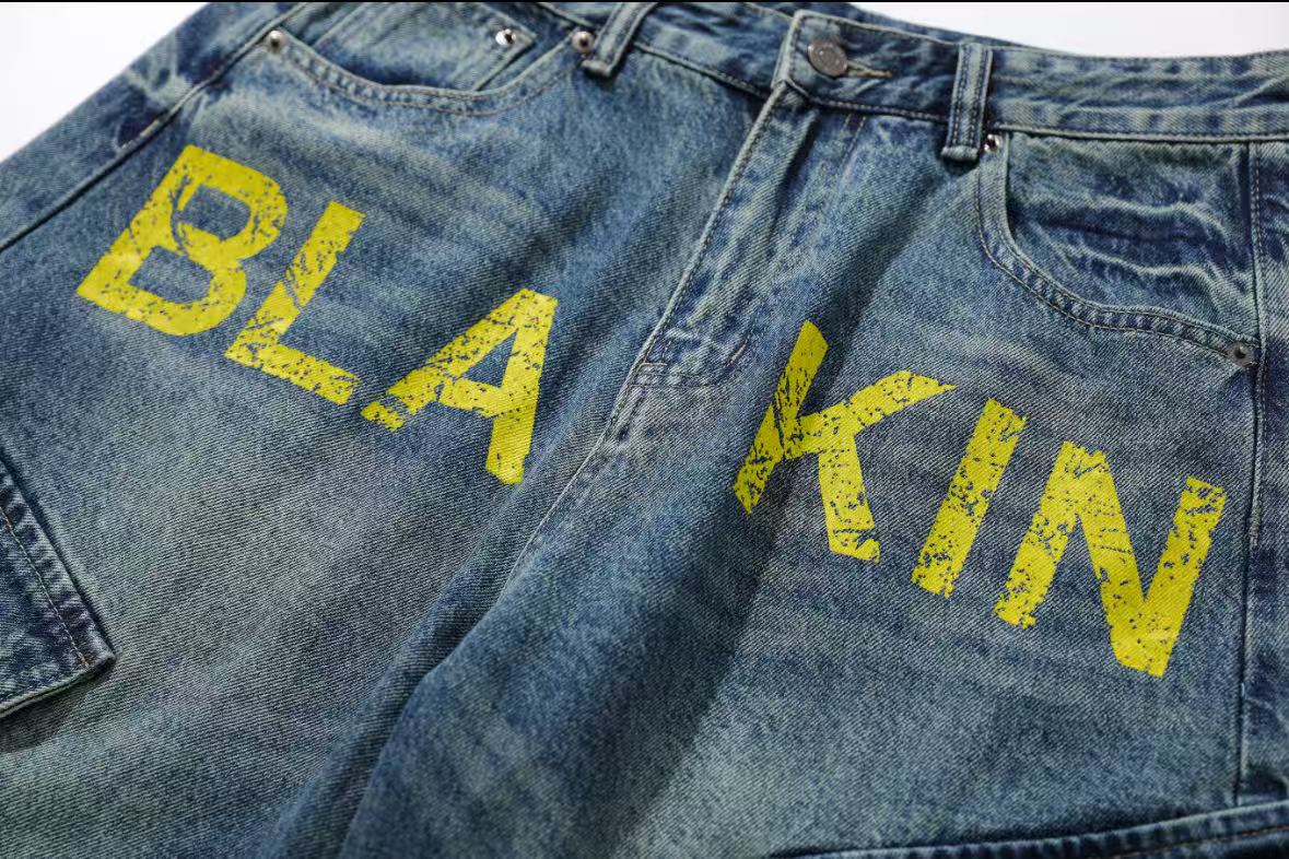 Vintage Washed Print Wide-Leg Baggy Jeans