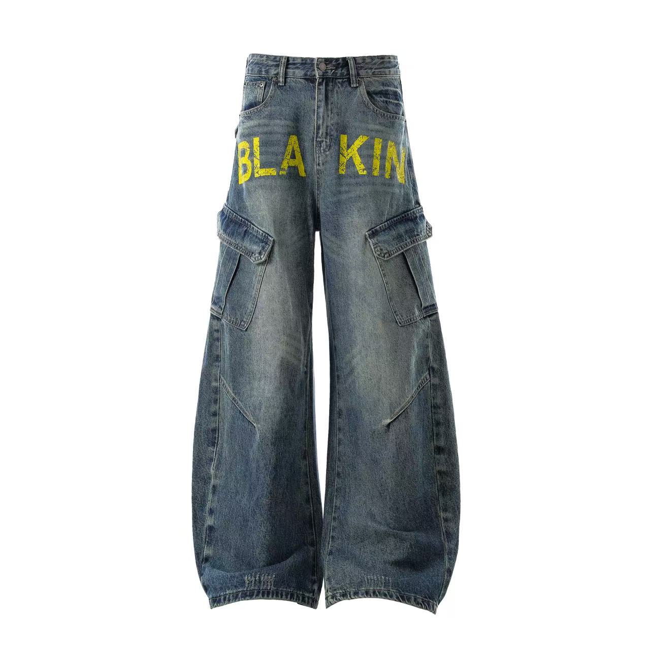 Vintage Washed Print Wide-Leg Baggy Jeans