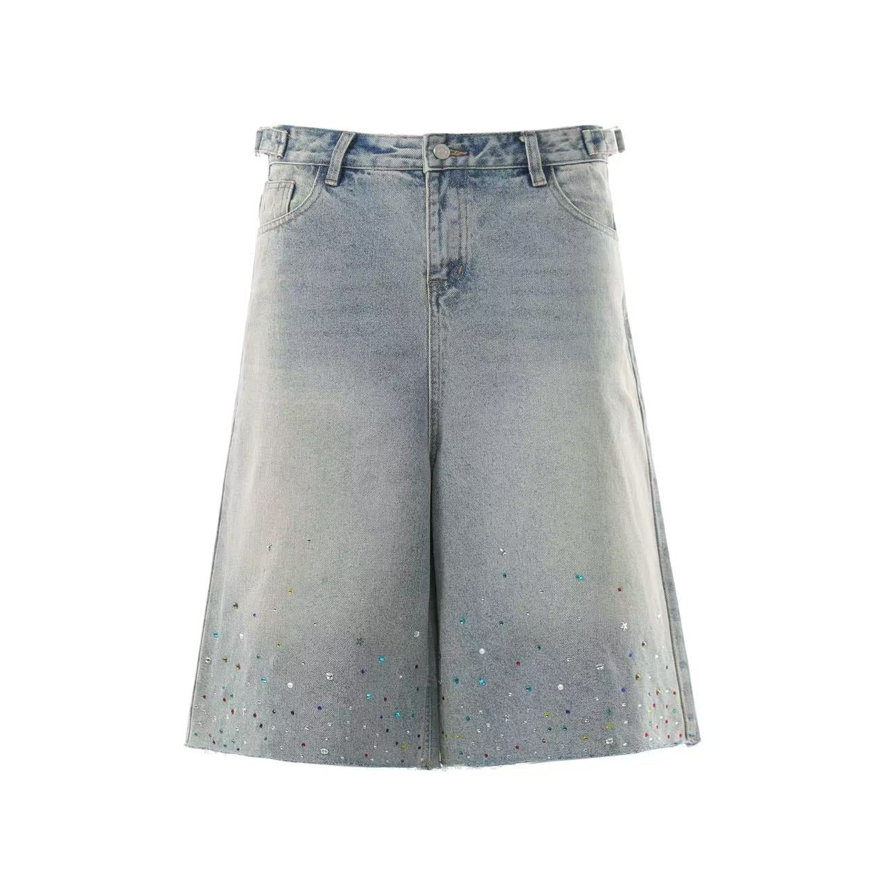 Washed Rhinestone Wide-Leg Denim Jorts