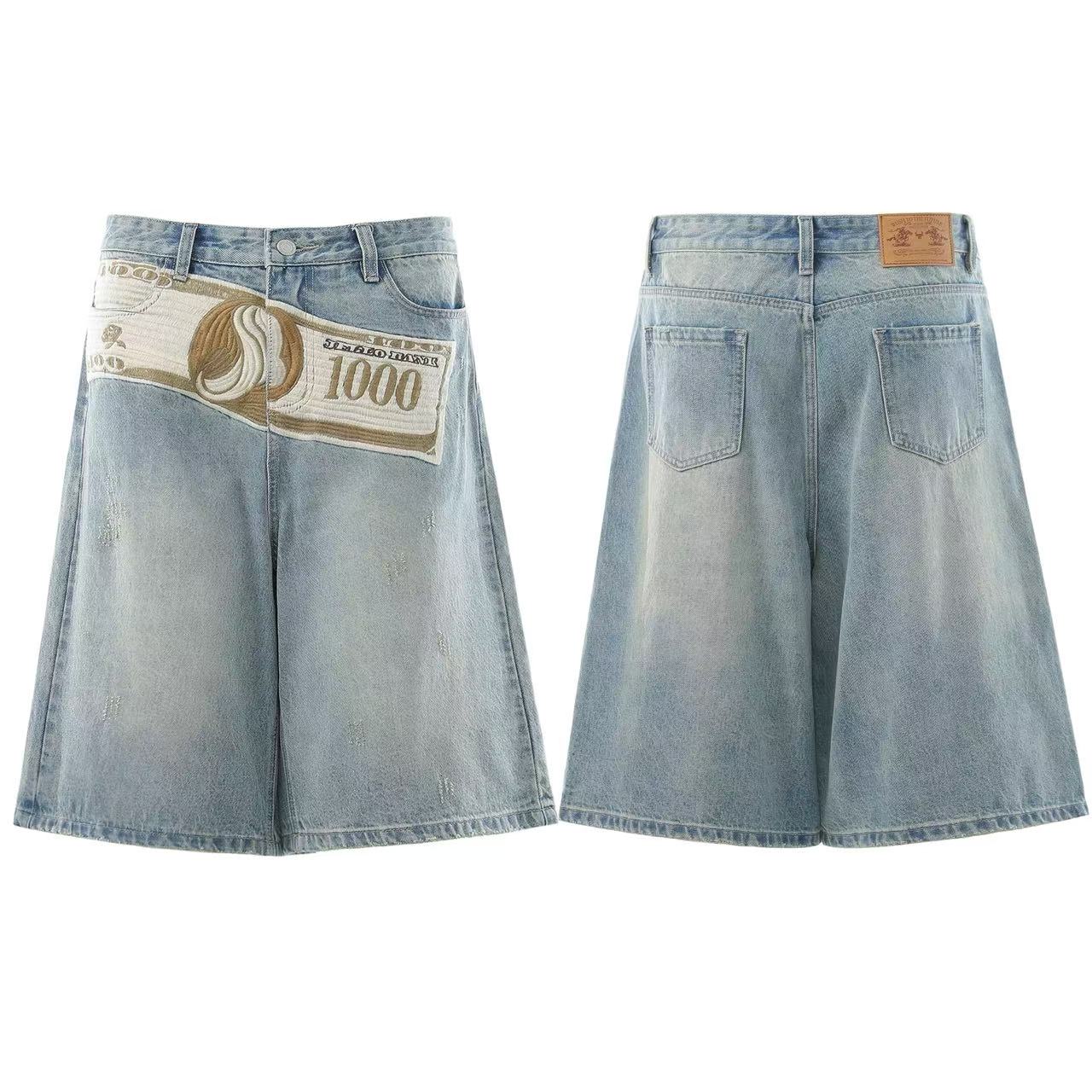 Streetwear Big Dollar Patch Wide-Leg Denim Jorts