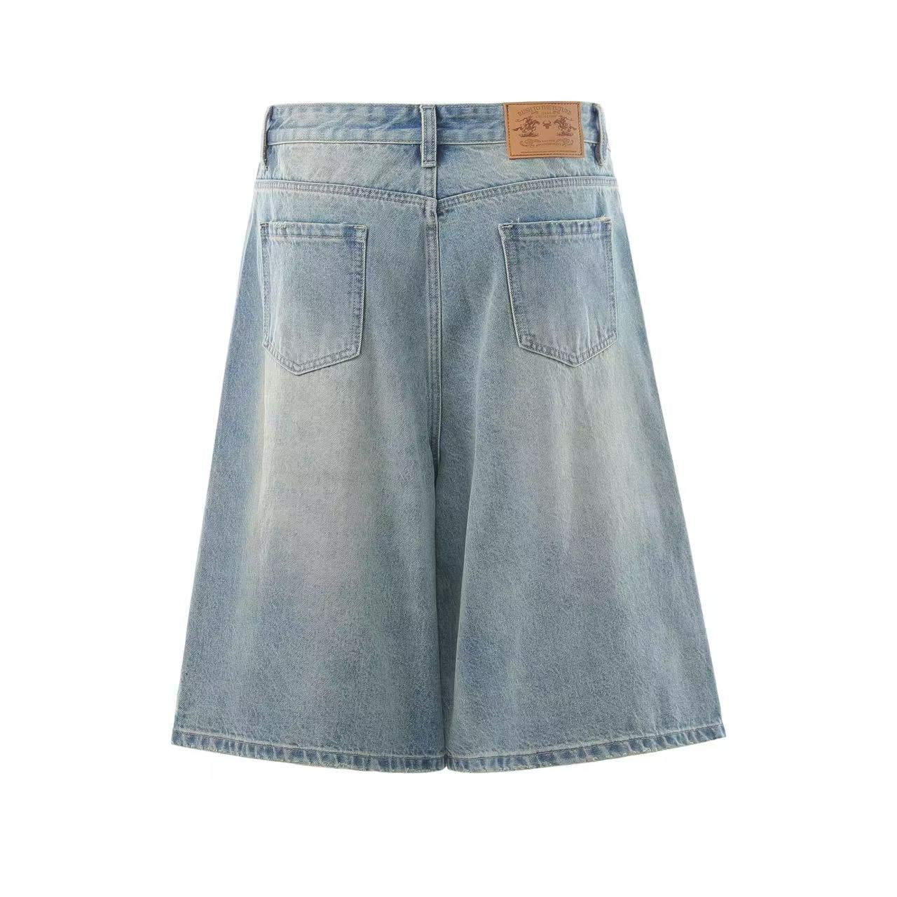 Streetwear Big Dollar Patch Wide-Leg Denim Jorts