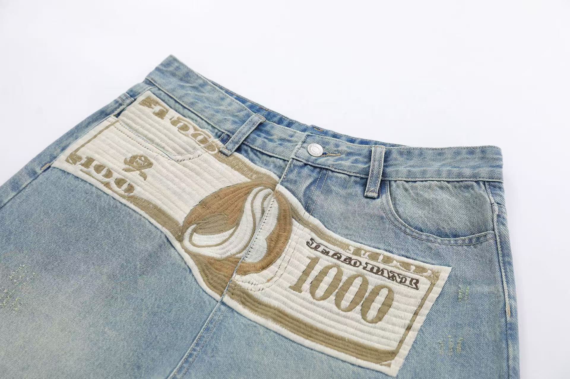 Streetwear Big Dollar Patch Wide-Leg Denim Jorts