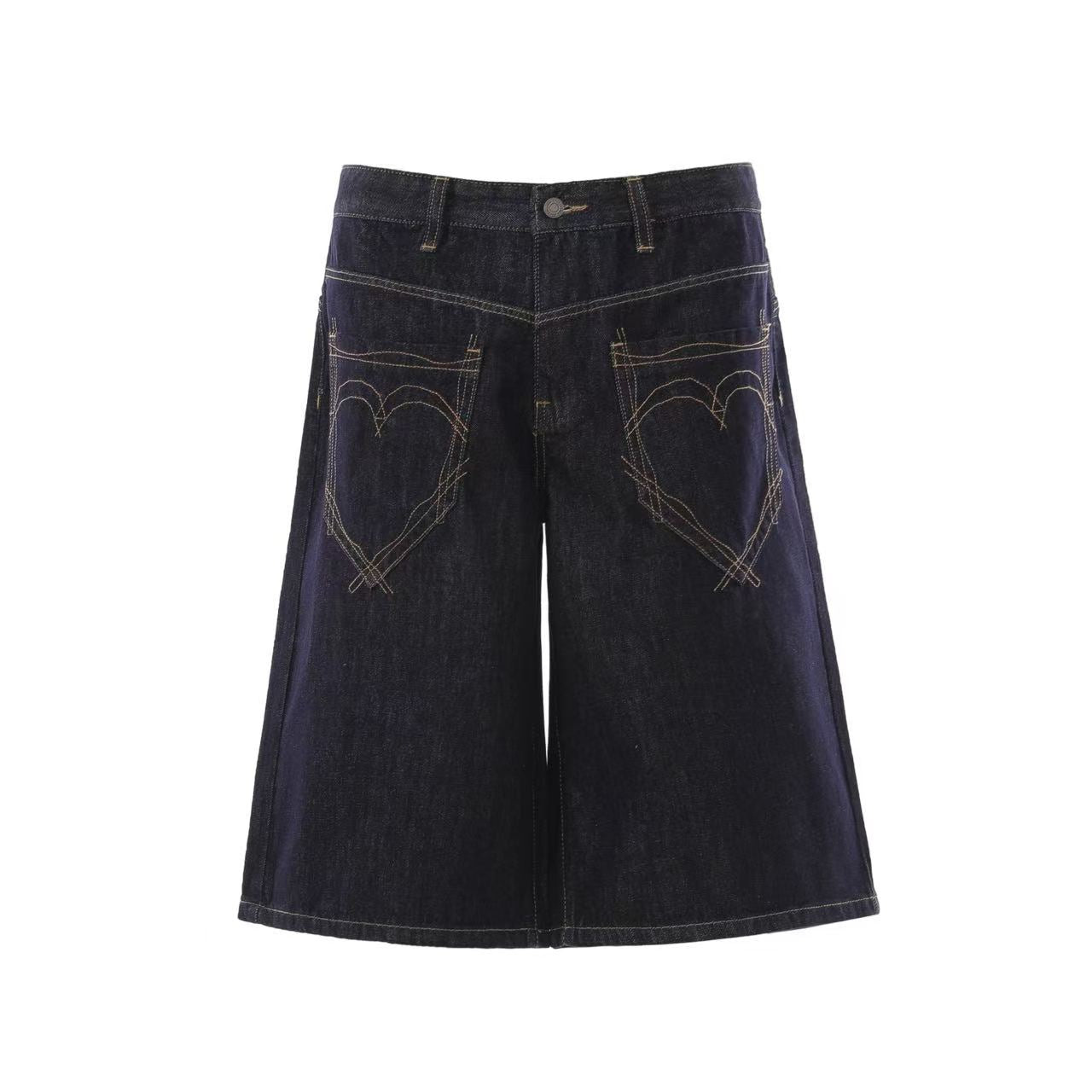 Heart Stitching Wide-Leg Denim Jorts