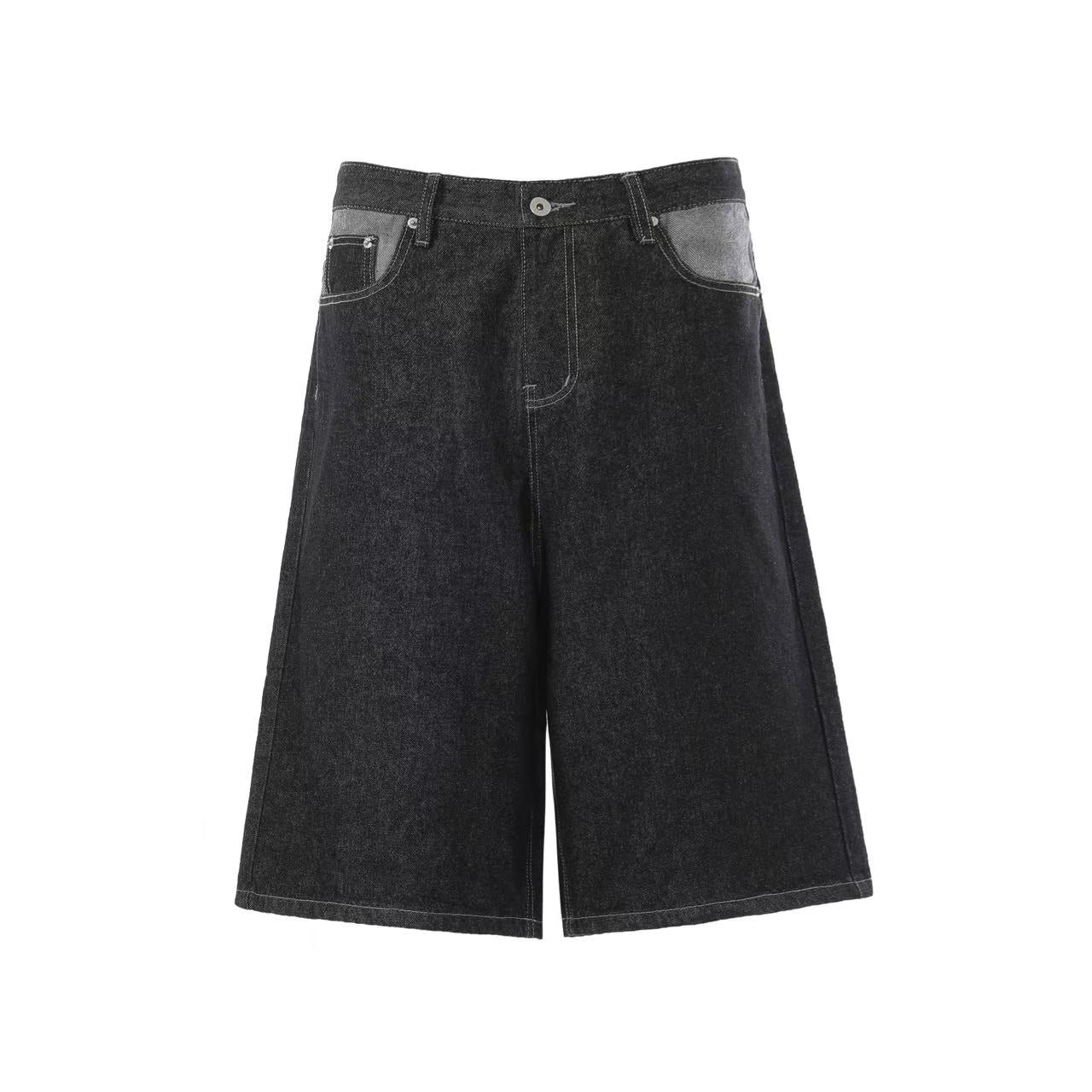 Contrast Pocket Panels Wide-Leg Denim Jorts