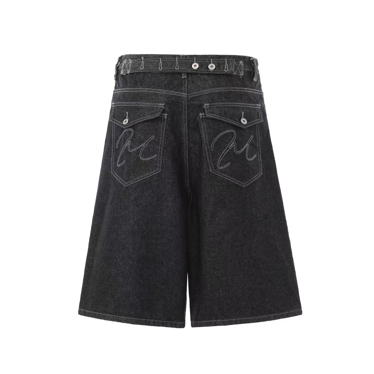 Contrast Pocket Panels Wide-Leg Denim Jorts
