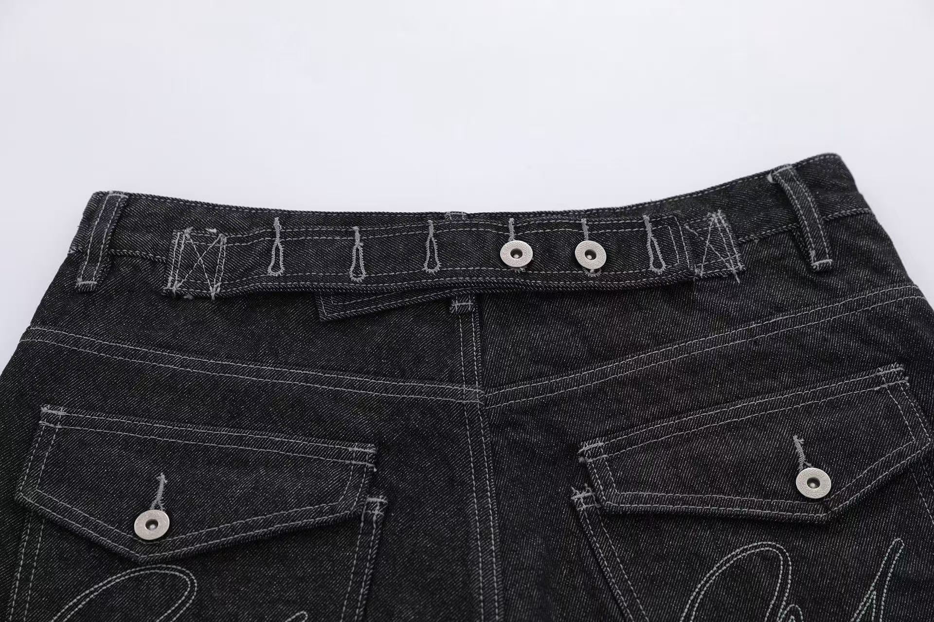 Contrast Pocket Panels Wide-Leg Denim Jorts