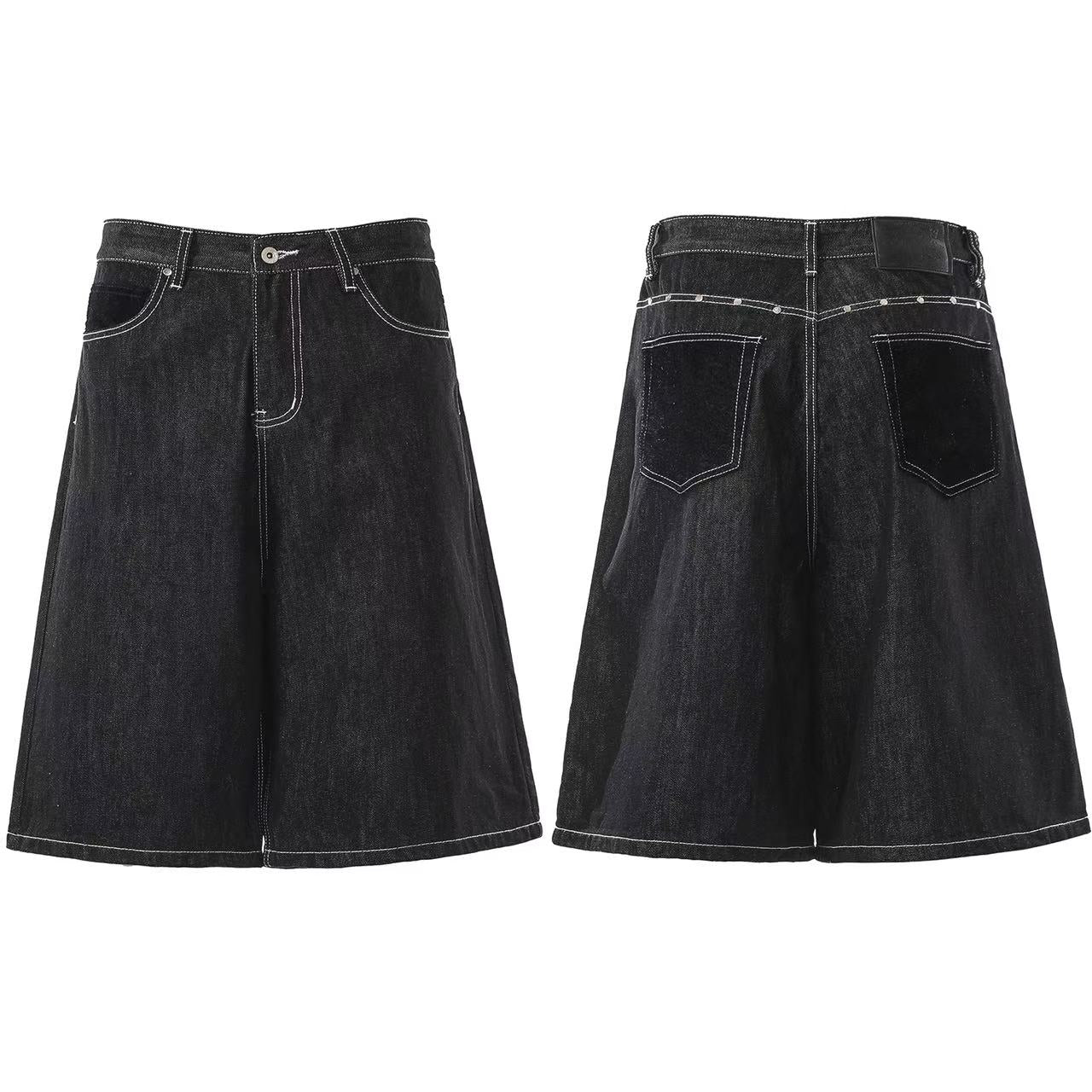 Streetwear Contrast Stitching Wide-Leg Denim Jorts