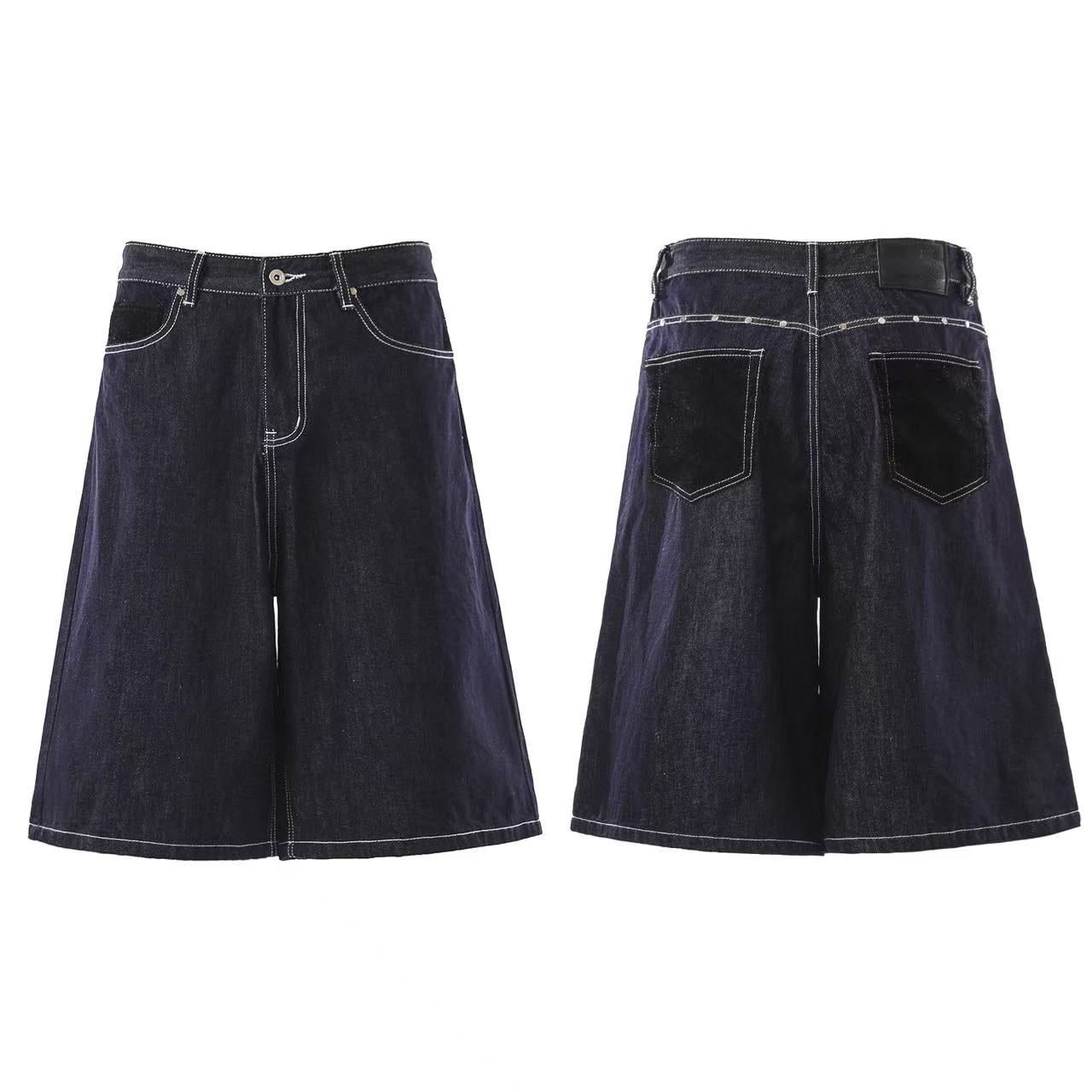 Streetwear Contrast Stitching Wide-Leg Denim Jorts