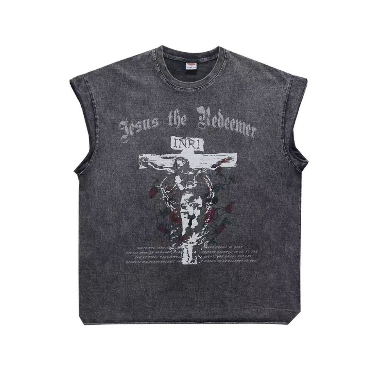 Vintage Wash Jesus Crucifix Rose Print Tank Top