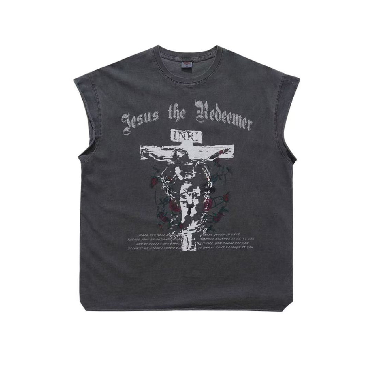 Vintage Wash Jesus Crucifix Rose Print Tank Top