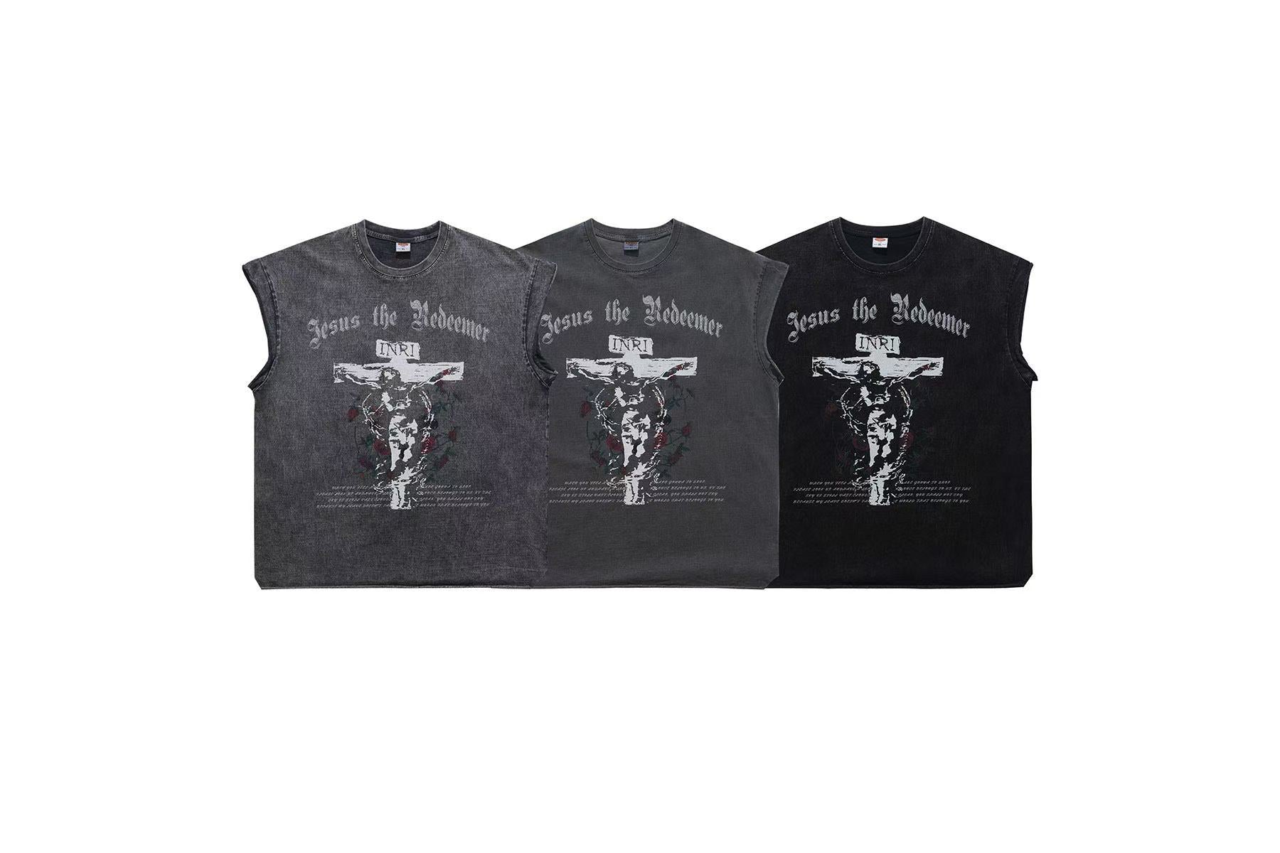 Vintage Wash Jesus Crucifix Rose Print Tank Top