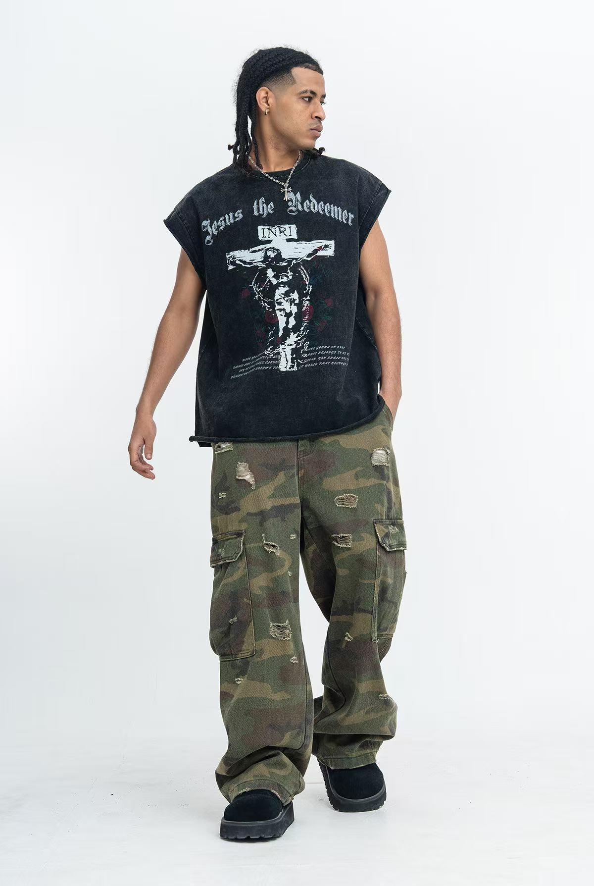 Vintage Wash Jesus Crucifix Rose Print Tank Top