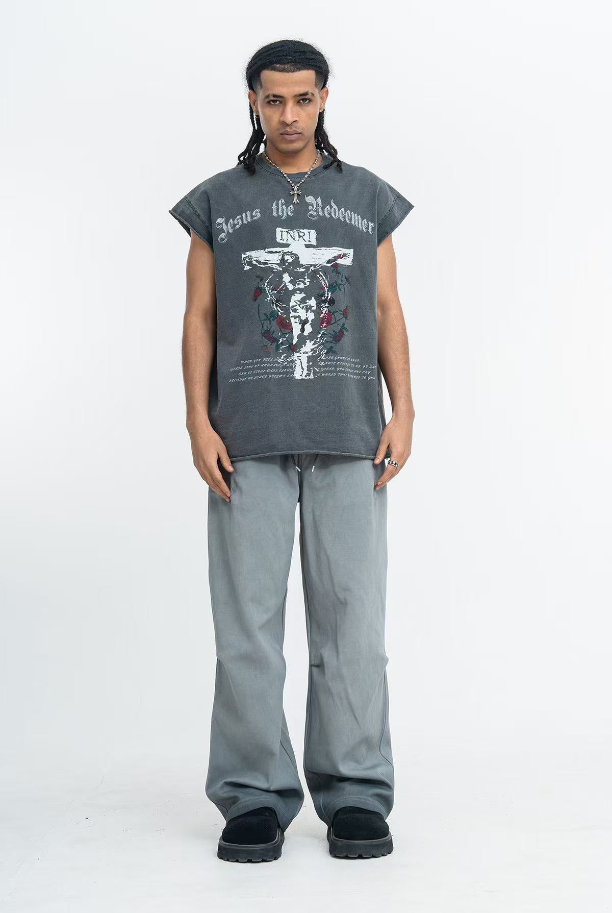 Vintage Wash Jesus Crucifix Rose Print Tank Top
