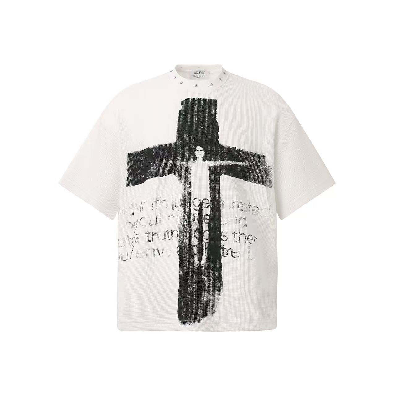 Dark Gothic Stud Cross Text Print T-Shirt