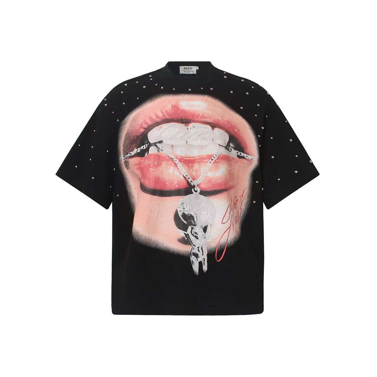 Streetwear Waffle Rivet Sexy Lips Print T-Shirt