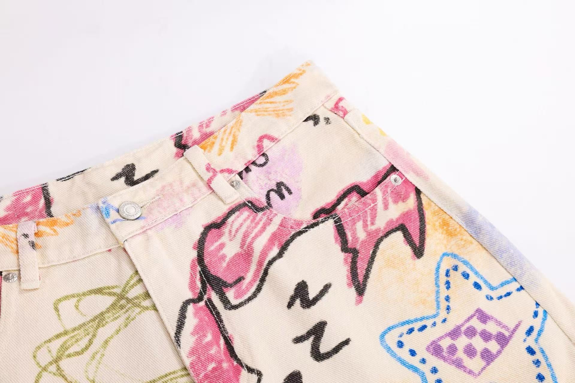 Graffiti Doodle Print Wide-Leg Cargo Pants