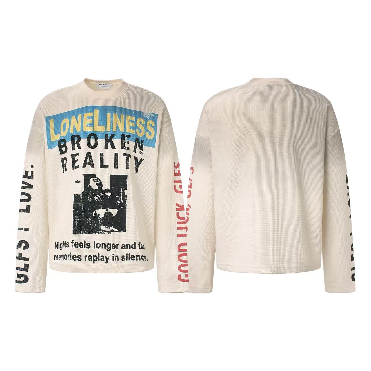 Streetwear Print Waffle Knit Long Sleeve