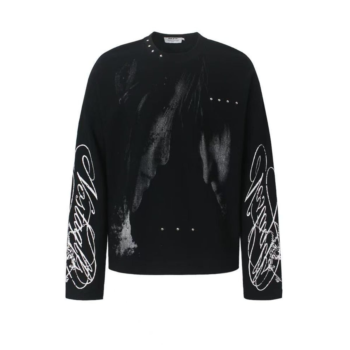 Studded Dark-Gothic Print Waffle Knit Long Sleeve