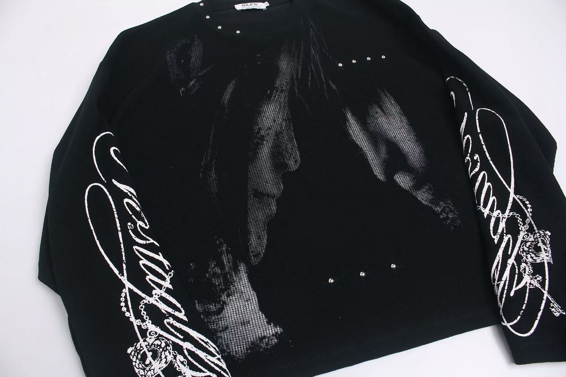 Studded Dark-Gothic Print Waffle Knit Long Sleeve