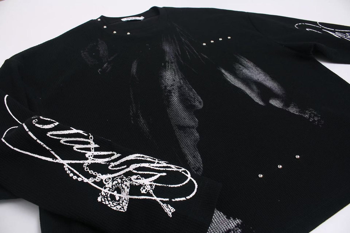 Studded Dark-Gothic Print Waffle Knit Long Sleeve