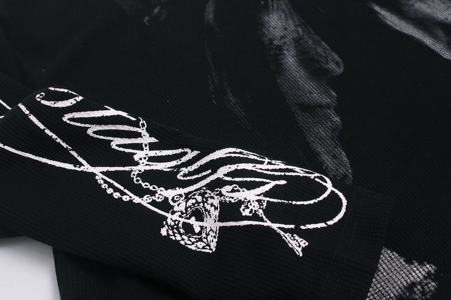 Studded Dark-Gothic Print Waffle Knit Long Sleeve