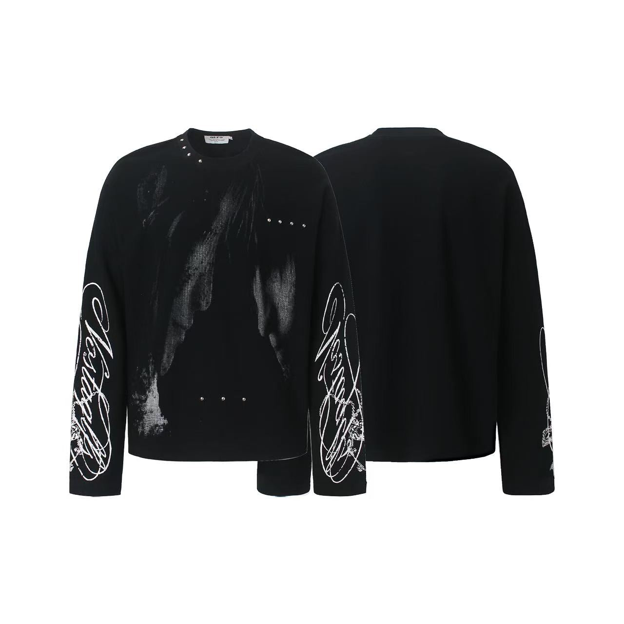 Studded Dark-Gothic Print Waffle Knit Long Sleeve