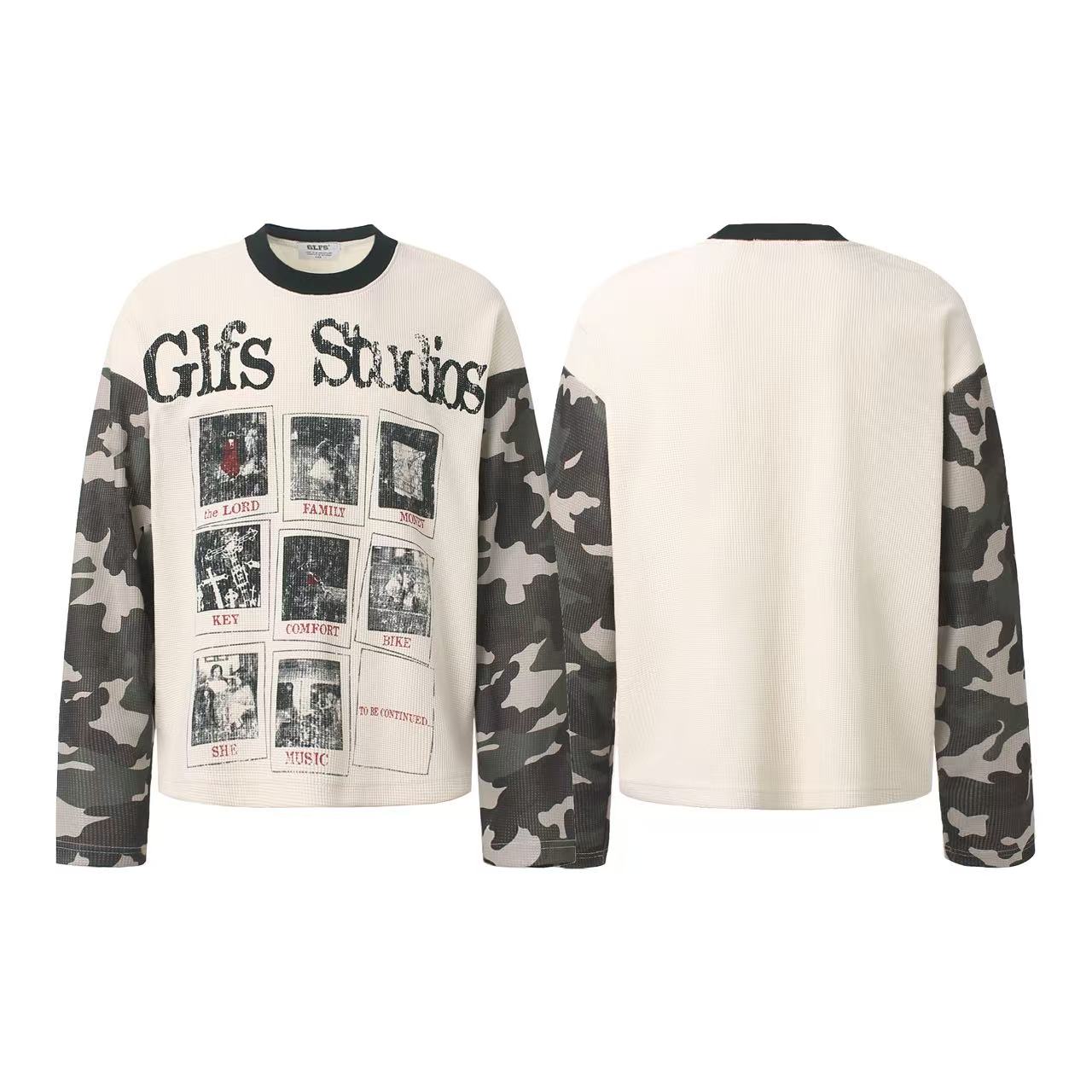 Camo Spliced Vintage Print Waffle Knit Long Sleeve