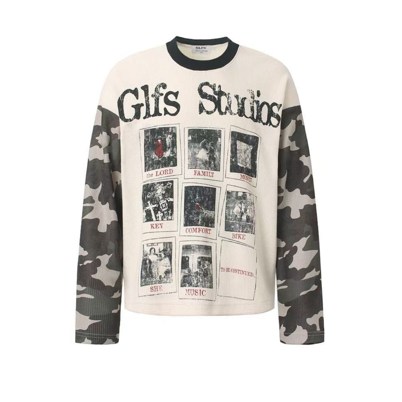 Camo Spliced Vintage Print Waffle Knit Long Sleeve
