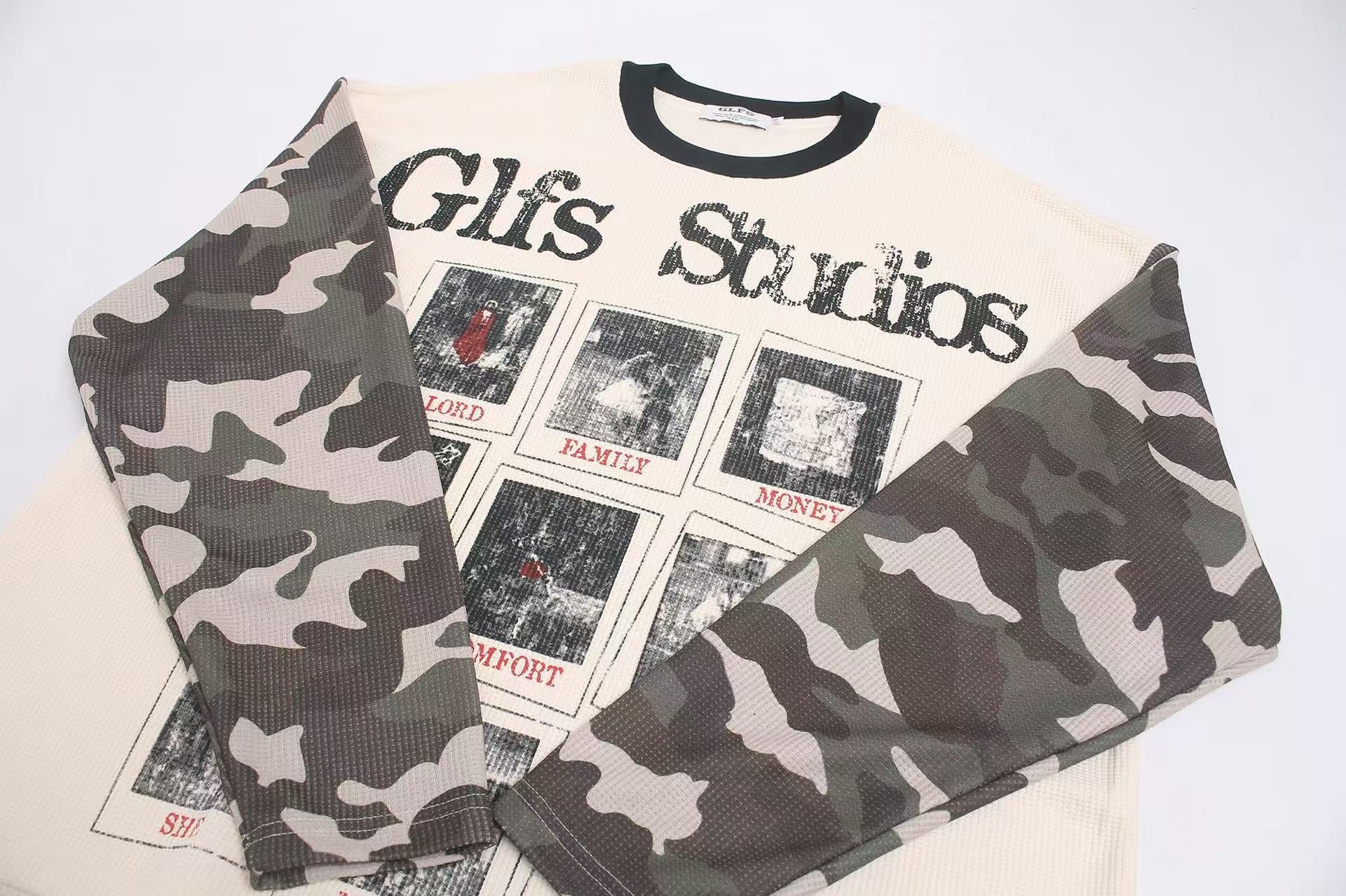Camo Spliced Vintage Print Waffle Knit Long Sleeve
