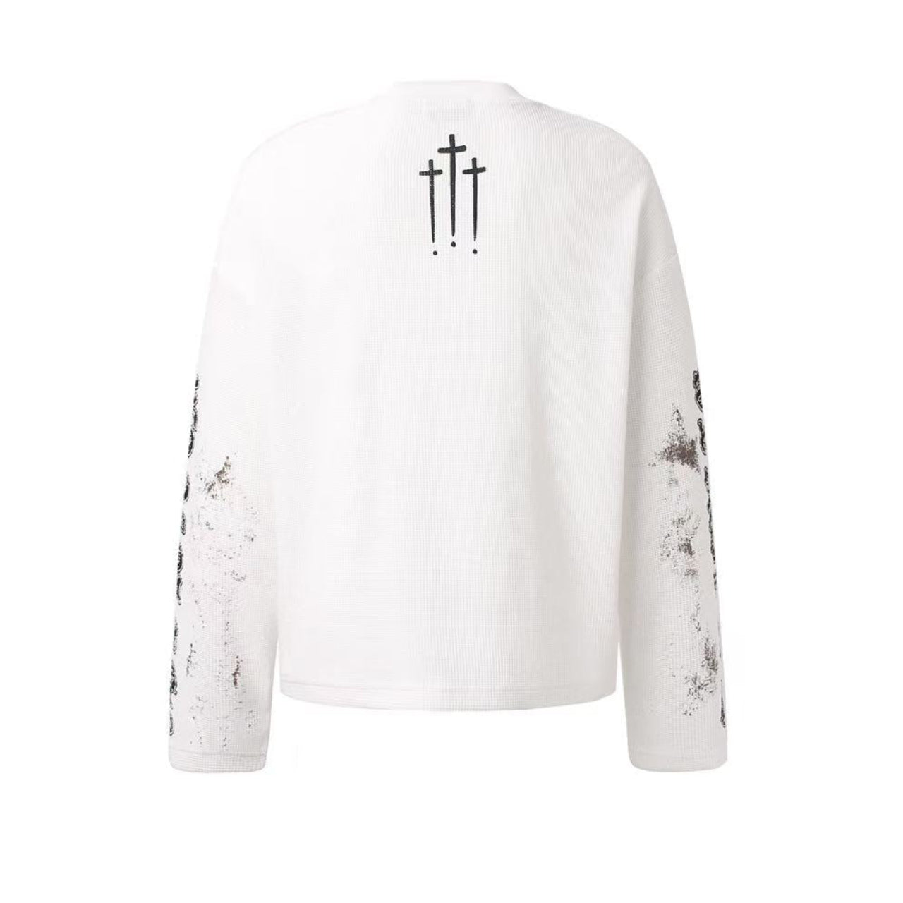 Dirty-Wash Cross Goddess Print Waffle Knit Long Sleeve