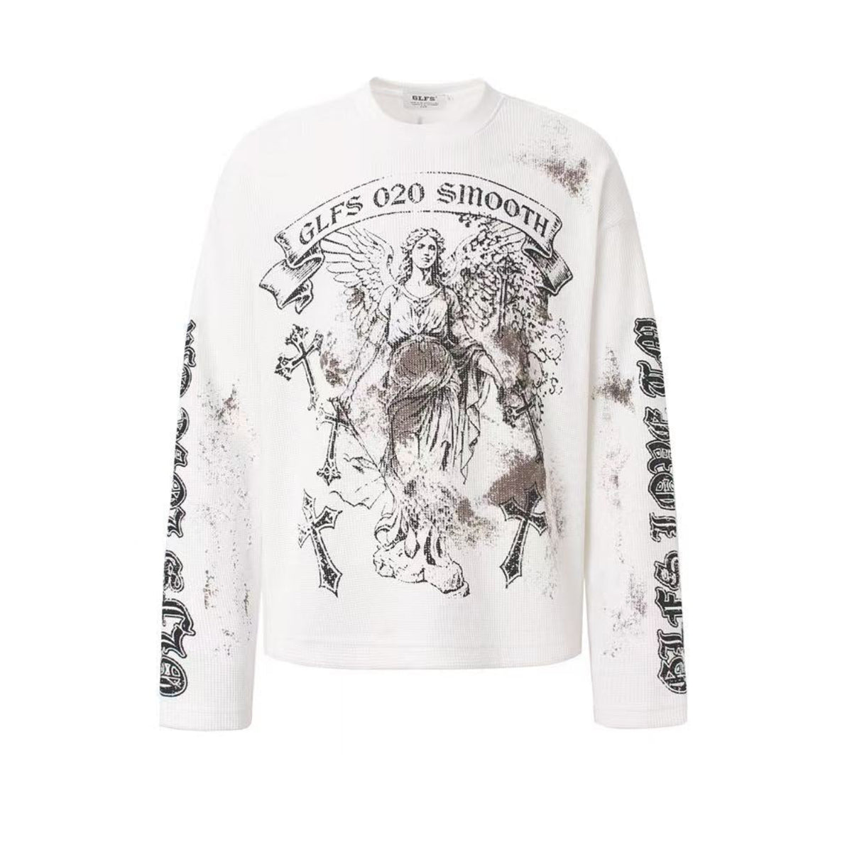 Dirty-Wash Cross Goddess Print Waffle Knit Long Sleeve