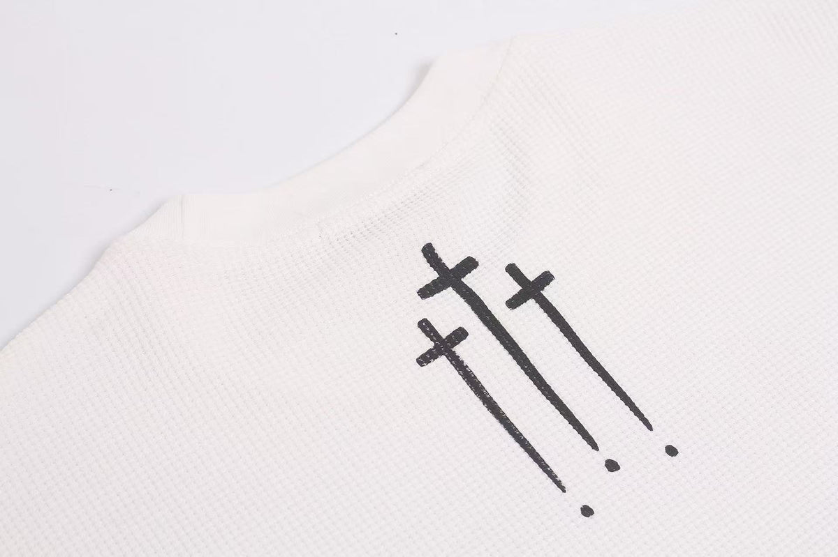 Dirty-Wash Cross Goddess Print Waffle Knit Long Sleeve