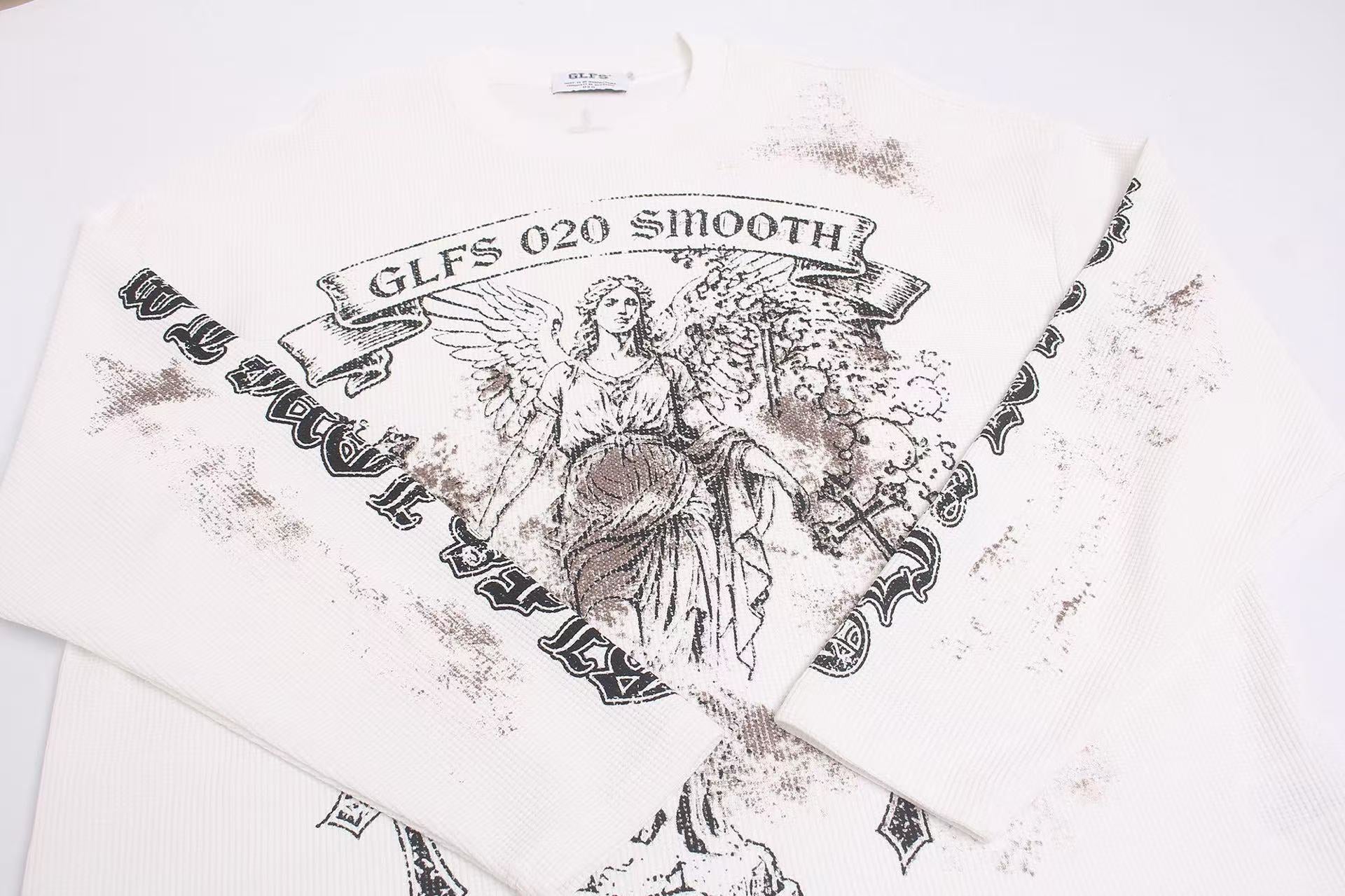 Dirty-Wash Cross Goddess Print Waffle Knit Long Sleeve