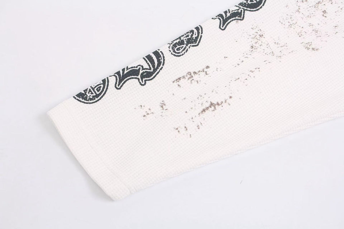 Dirty-Wash Cross Goddess Print Waffle Knit Long Sleeve