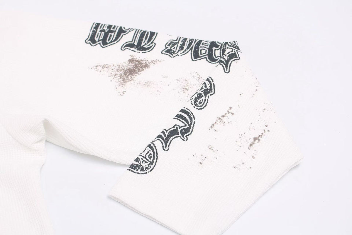 Dirty-Wash Cross Goddess Print Waffle Knit Long Sleeve