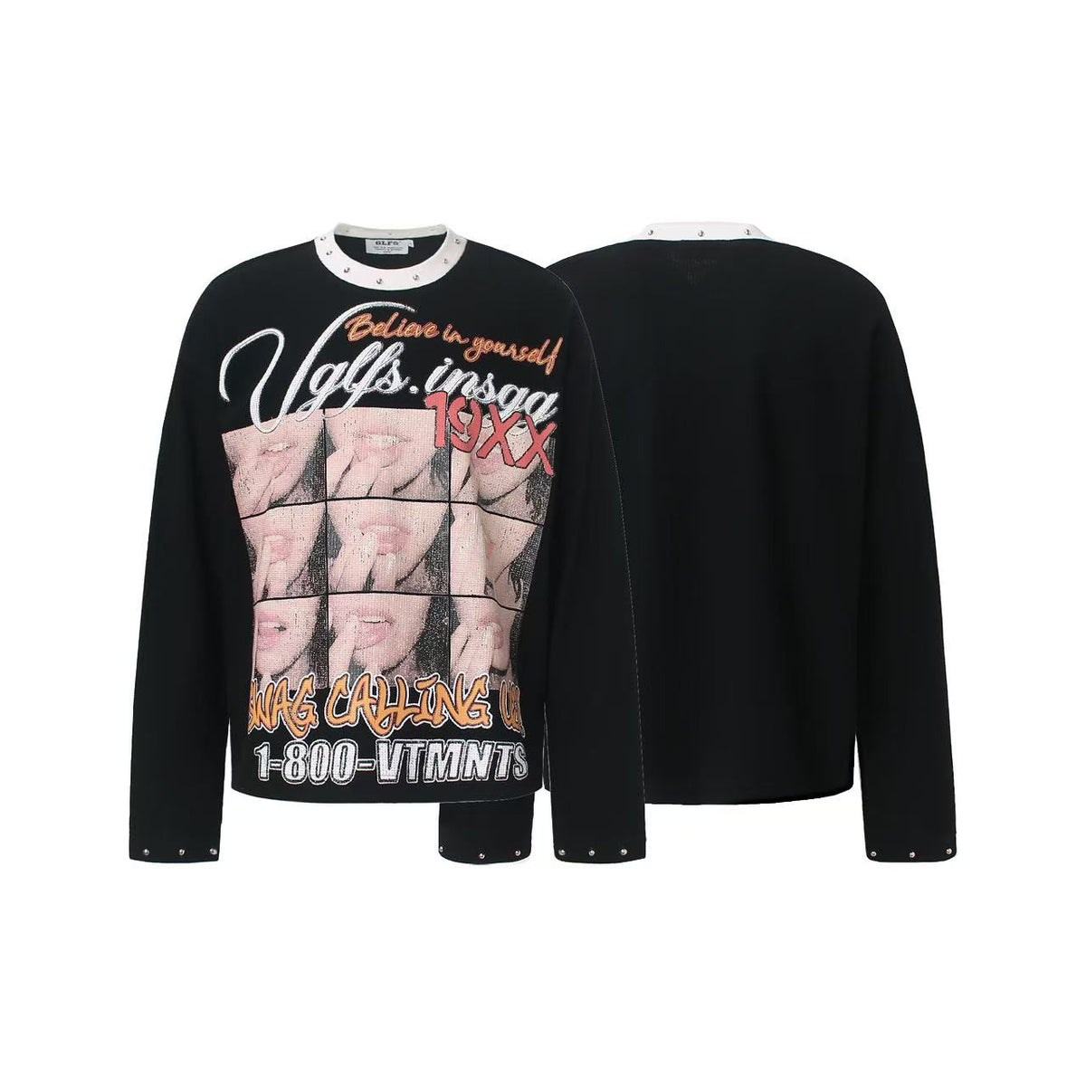 Rivet Collar Portrait Print Waffle Knit Long Sleeve