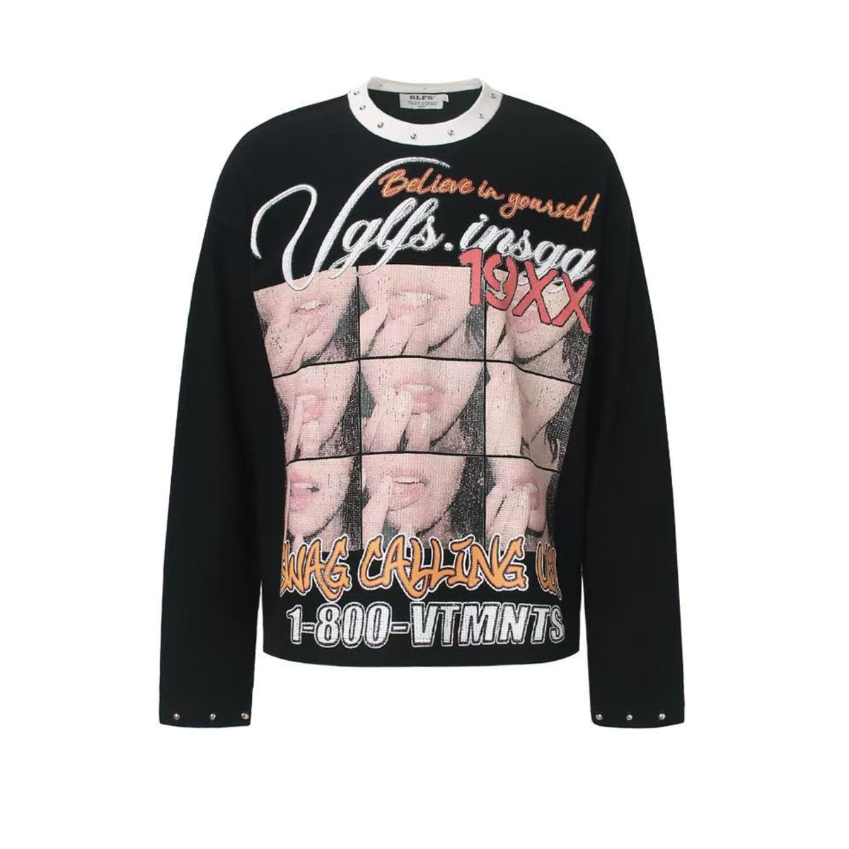 Rivet Collar Portrait Print Waffle Knit Long Sleeve