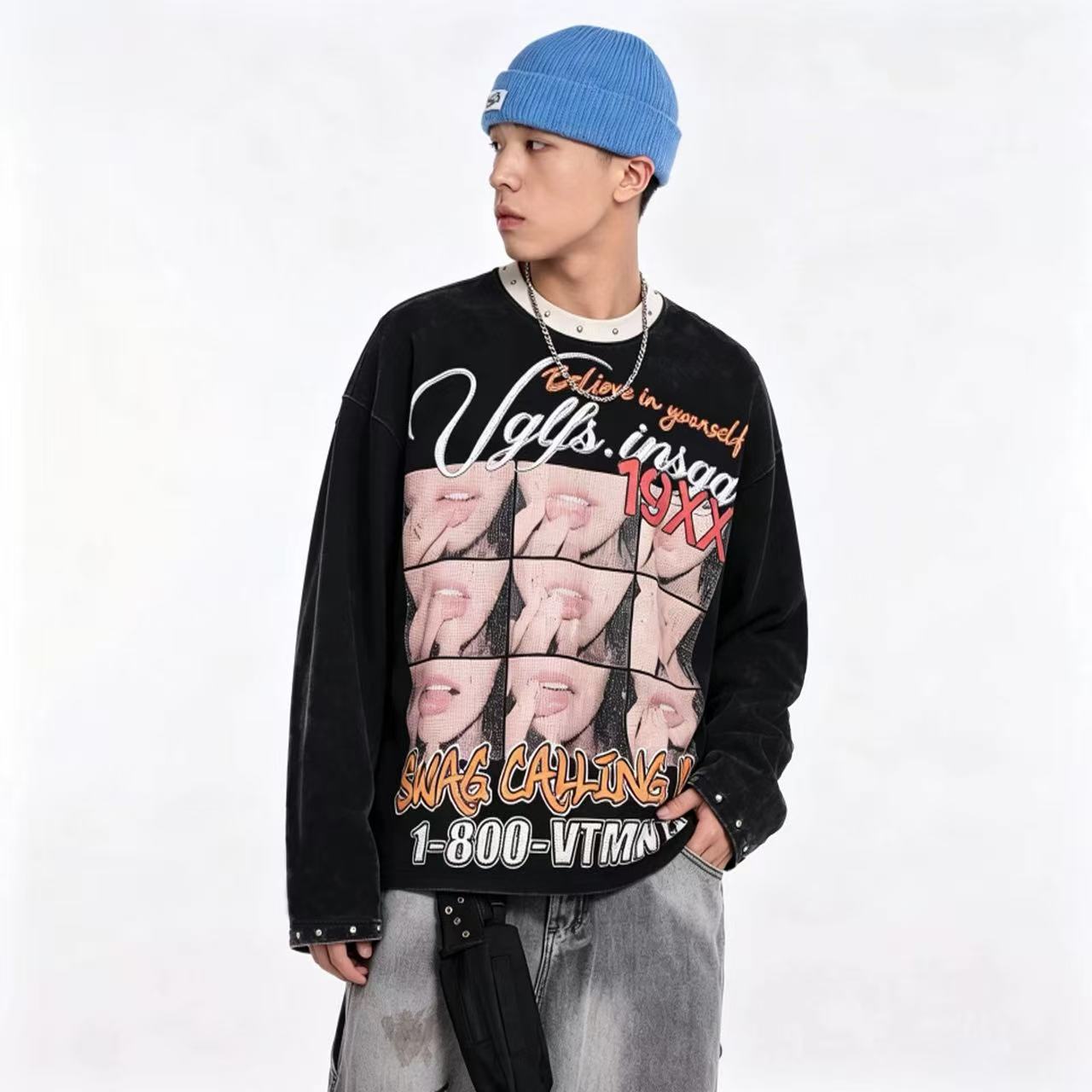 Rivet Collar Portrait Print Waffle Knit Long Sleeve