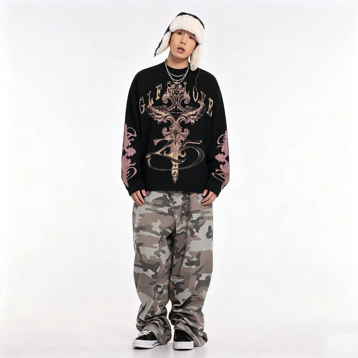 Studded Cross Print Waffle Knit Long Sleeve