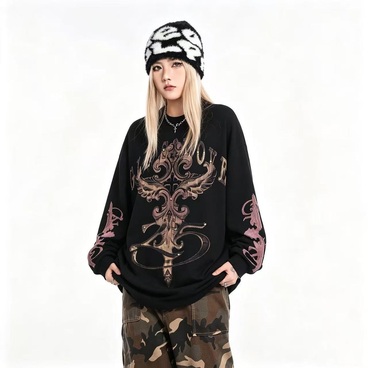 Studded Cross Print Waffle Knit Long Sleeve