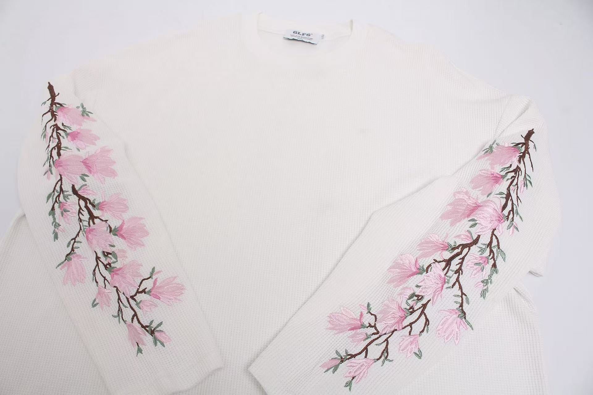 Floral Embroidery Print Waffle Knit Long Sleeve