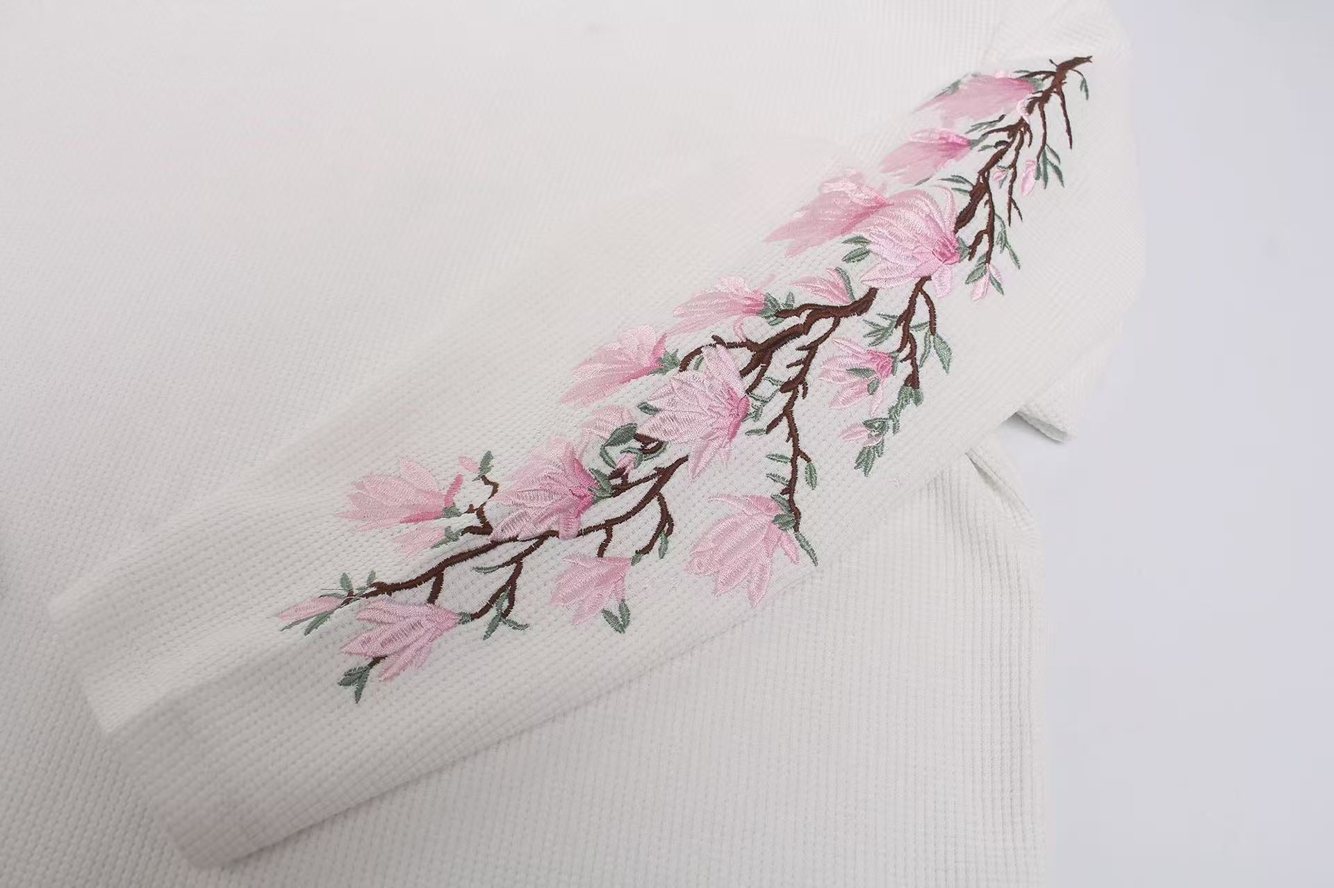 Floral Embroidery Print Waffle Knit Long Sleeve