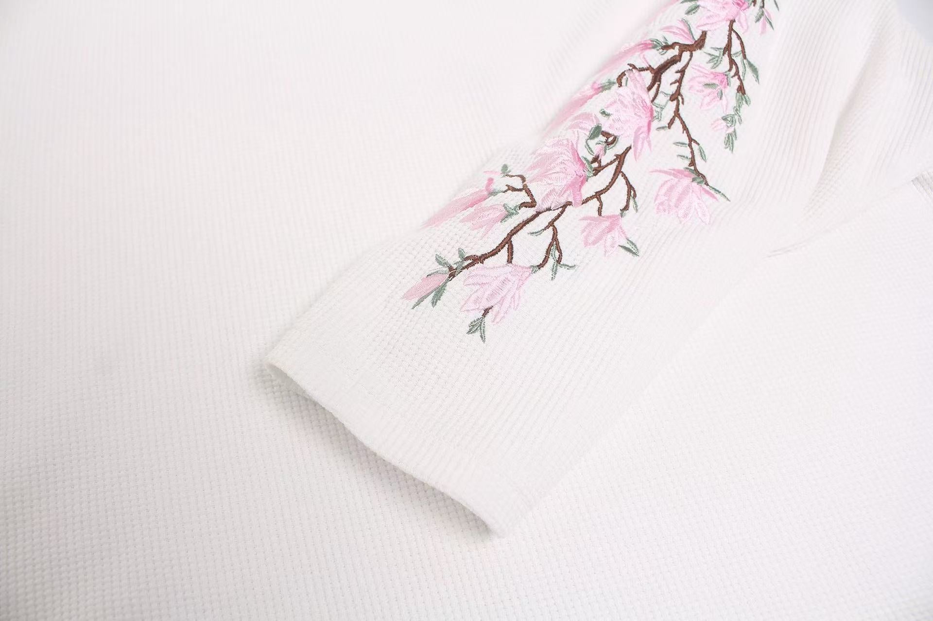 Floral Embroidery Print Waffle Knit Long Sleeve