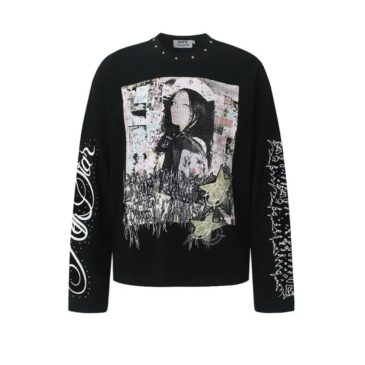 Studded Grunge Collage Portrait Print Waffle Knit Long Sleeve