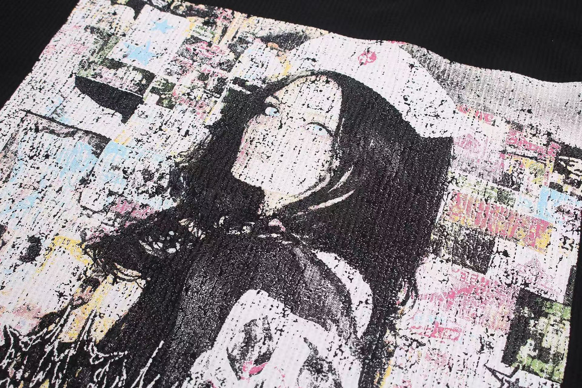 Studded Grunge Collage Portrait Print Waffle Knit Long Sleeve