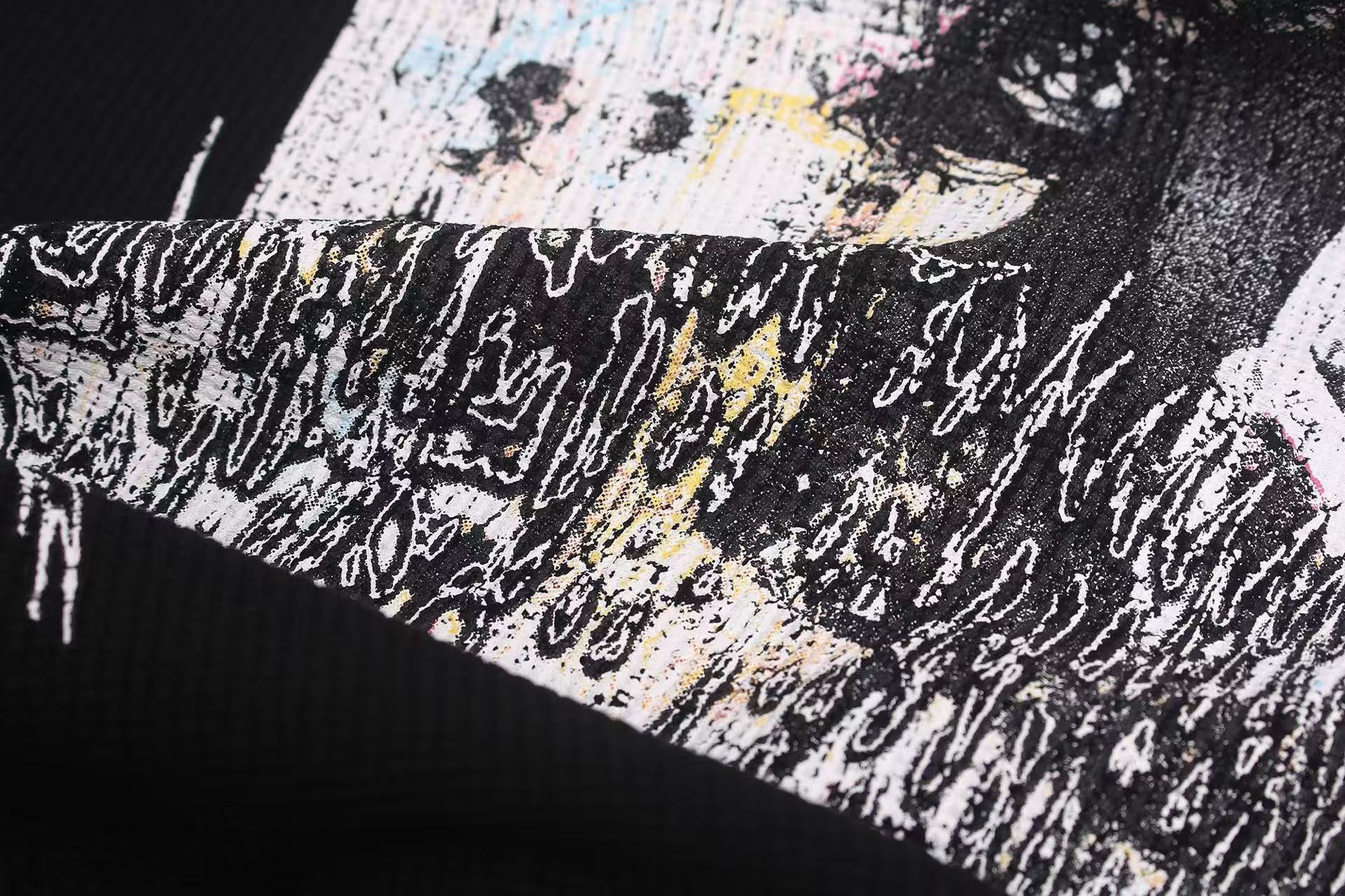 Studded Grunge Collage Portrait Print Waffle Knit Long Sleeve